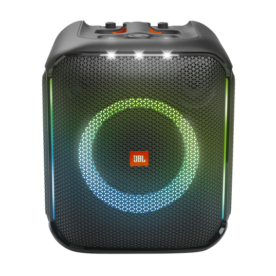 JBL PartyBox Encore - Black - Portable party speaker with 100W powerful sound, built-in dynamic light show, included digital wireless mics, and splash proof design. - Front