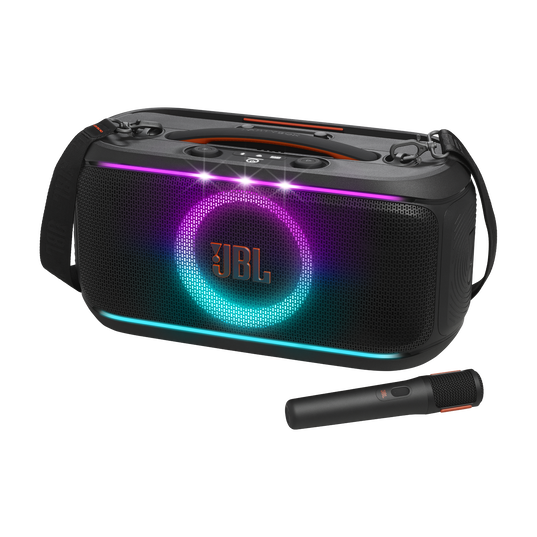 JBL PartyBox On-the-Go 2 - Black - Portable party speaker with one wireless digital mic, handle and a shoulder strap - Hero