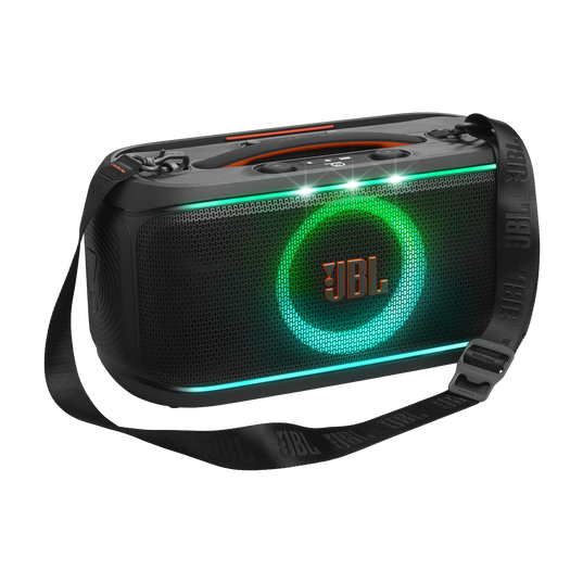 JBL PartyBox On-the-Go 2 - Black - Portable party speaker with one wireless digital mic, handle and a shoulder strap - Hero