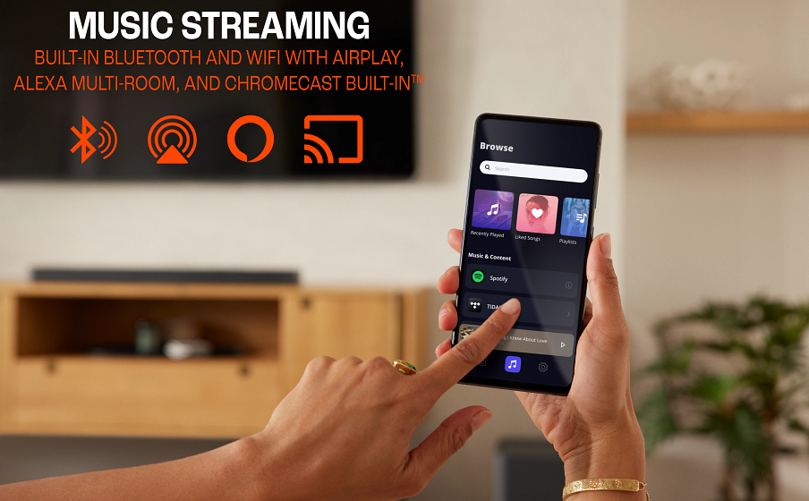 Wbudowana łączność Wi-Fi z AirPlay, Alexa Multi-Room Music i Chromecast™.