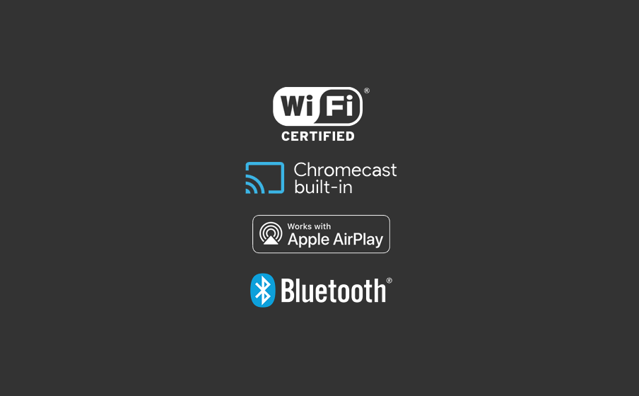 Bezprzewodowe odtwarzanie dźwięku za pomocą Google Chromecast Built-in, Apple AirPlay 2 i Bluetooth