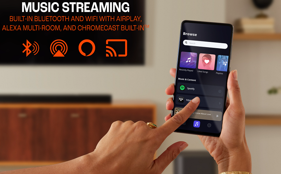 Wbudowana łączność Wi-Fi z AirPlay, Alexa Multi-Room Music i Chromecast™.